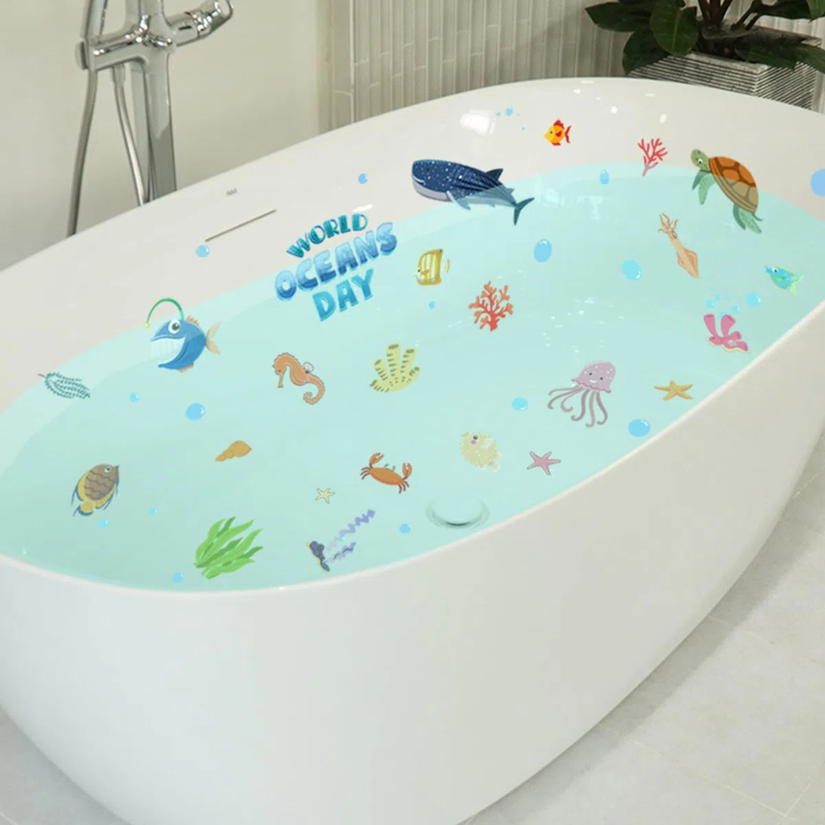 TAIZER Adesivo per vasca da bagno, autoadesivo, antiscivolo, motivo floreale, con animali marini, antiscivolo, ad alta potenza, per superfici della doccia (blu)