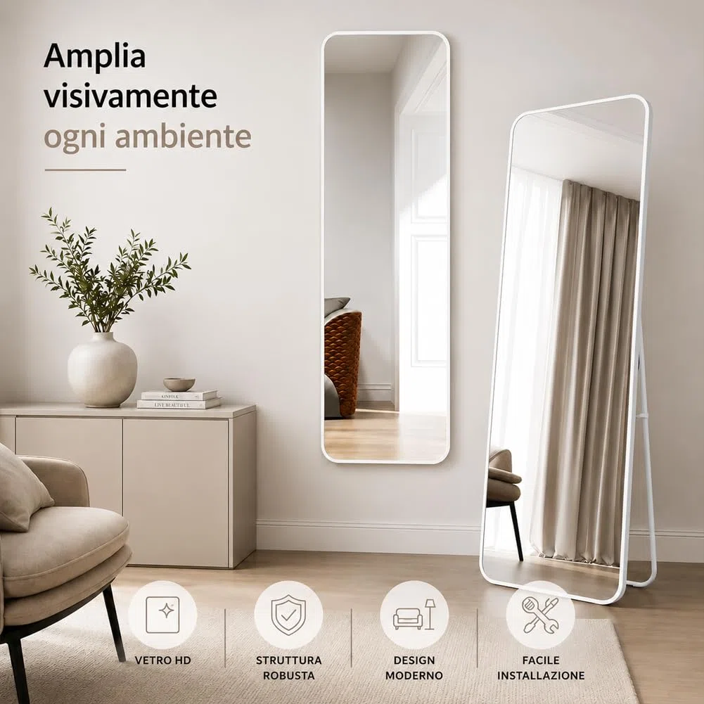 Shally Dogan Specchio da Terra e da Muro Rettangolare, Stand Autoportante Indipendente e da Parete, Decorazione Interna, Design Minimal, Figura Intera e Cornice in Alluminio, 155 x 45 cm, Bianco