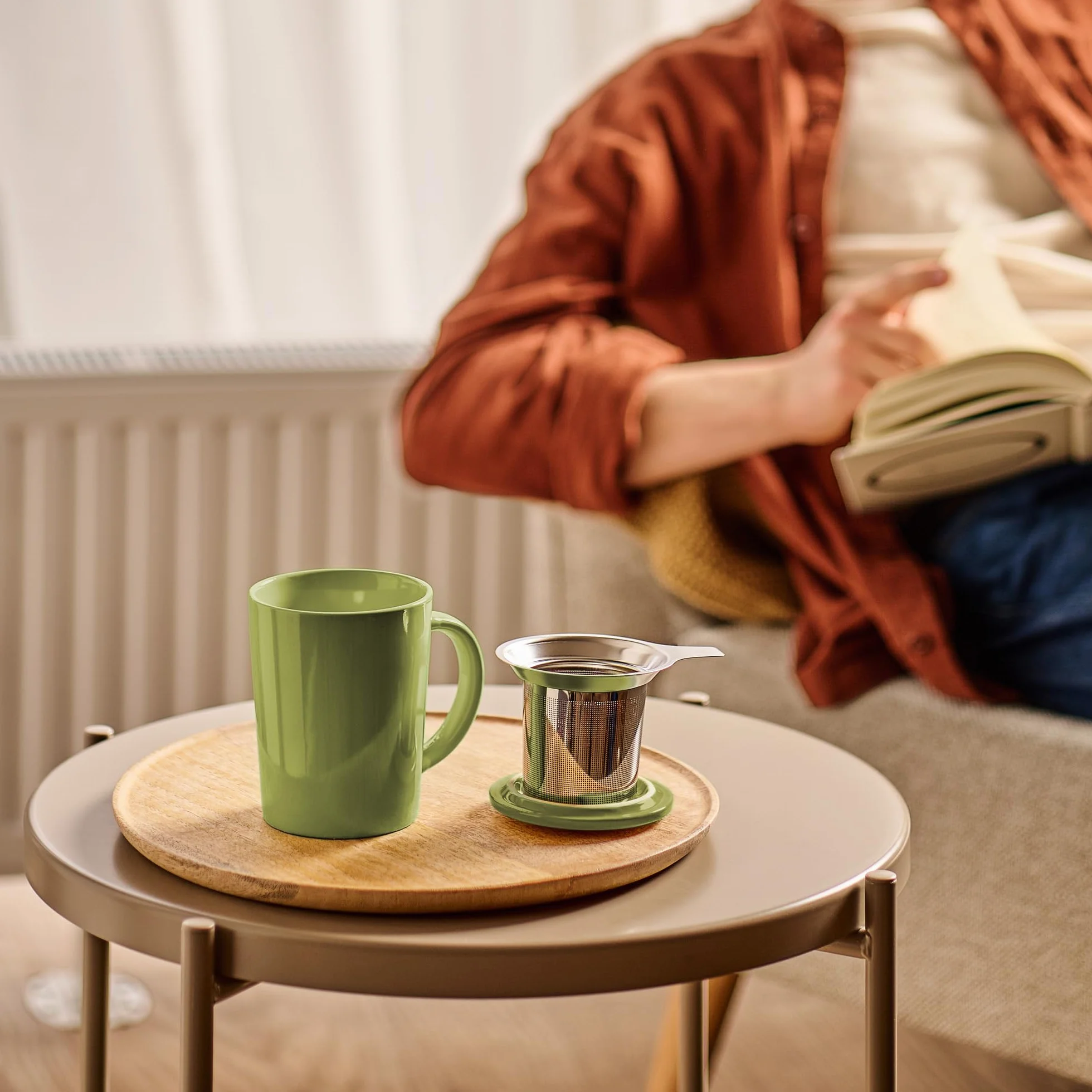 Cosumy Tazza di Ceramica con Filtro e Coperchio - 400ml Grande - Con Manico - Lavabile in Lavastoviglie - Per Tè e Infusi (Verde Matcha)