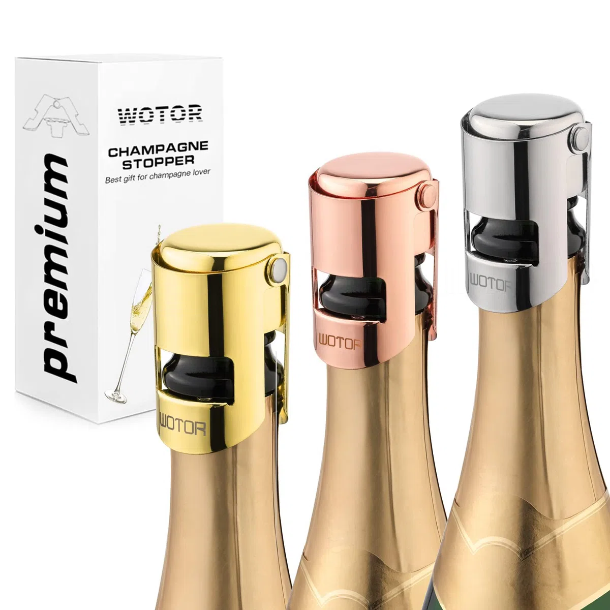 WOTOR 3 pezzi tappo per spumante, tappo champagne professionale in acciaio inox, tappo vino frizzante riutilizzabile, tappo per prosecco, a prova di perdite, Mantieni fresco (Tricolore)