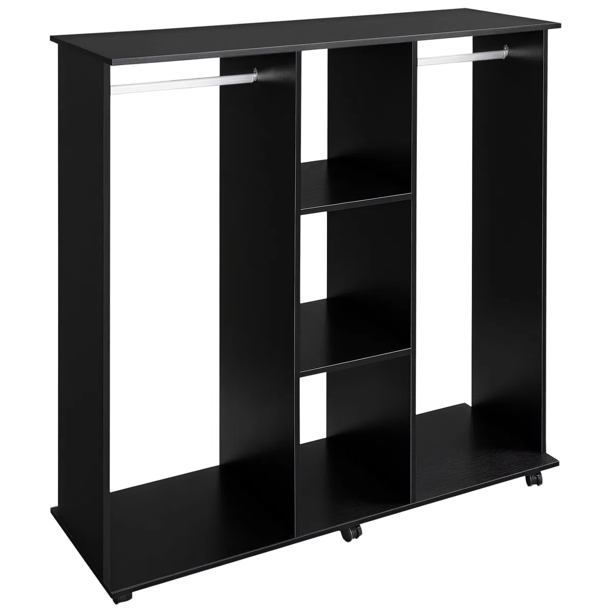 HOMCOM Stand Appendiabiti con 6 Ruote, Appendiabiti da Terra con 5 Ripiani e 2 Aste per Vestiti, Guardaroba Porta Abiti in Legno e Alluminio, per Camera da Letto Soggiorno Corridoio Ingresso, Nero