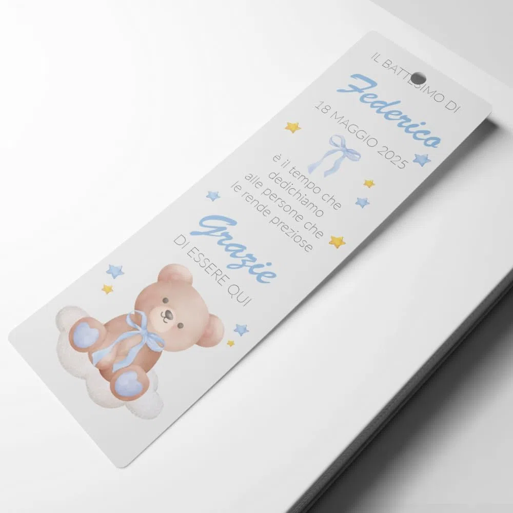Segna posto per Battesimo personalizzabile per bimbo/a pronto per l'utilizzo stampato su cartoncino 300gr (Battesimo per Bimbo) (Orso Azzurro)