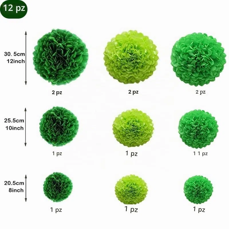 12 Pezzi Pompon di Fiori Verdi Pompon di Carta Velina 3 Misure Pompon Decorativi per Feste Pompons Decorativi Fiori di Carta Decorativi Adatto per Matrimoni Decorazioni per Feste di Compleanno