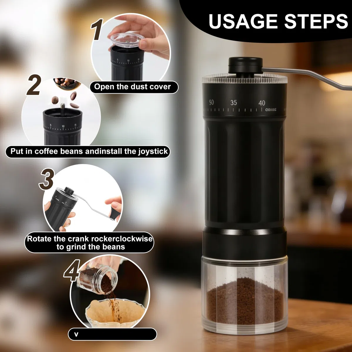 Macinacaffè Manuale, Macina Caffè Manuale con 40 Impostazioni Regolabili, Coffee Grinder Portatile per Espresso, Moka, French Press, Macina Caffè per per Viaggio, Campeggio, Ufficio