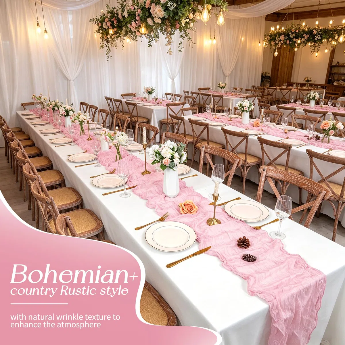 Confezione da 4 runner da tavola rosa, 45 x 275 cm, runner da tavola in garza boho, per tavolo da pranzo, runner da tavola in tessuto velato rustico per feste di matrimonio