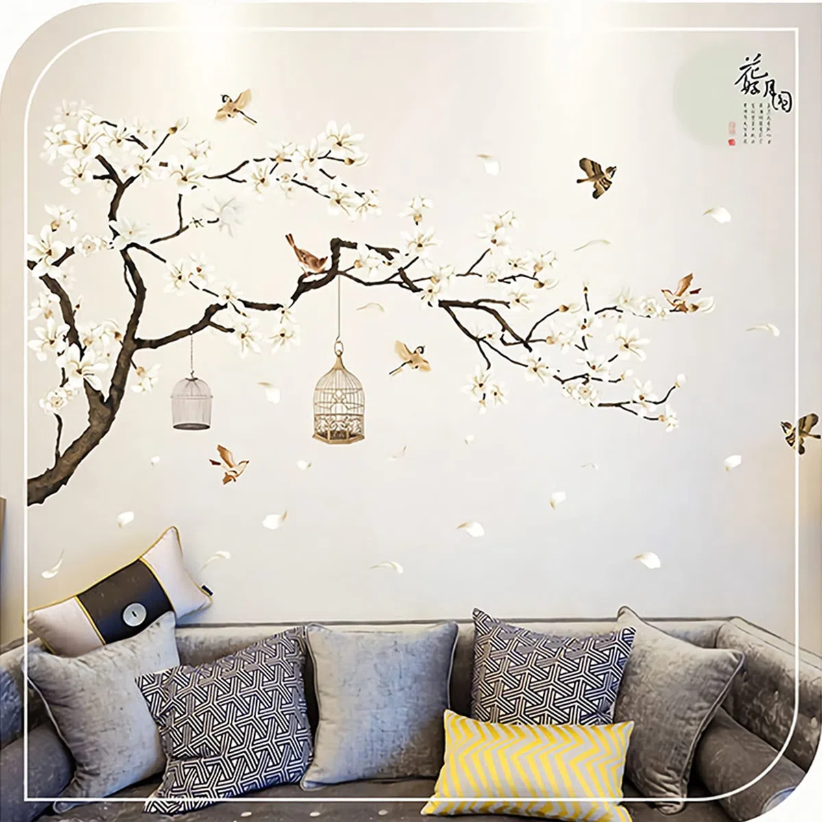 Adesivi murali grandi con fiori bianchi, 127 x 188 cm, rimovibili fai da te romantici fiori di ciliegio, adesivi murali 3D, decorazione per la casa per Gilrs camera da letto, camerette, soggiorno