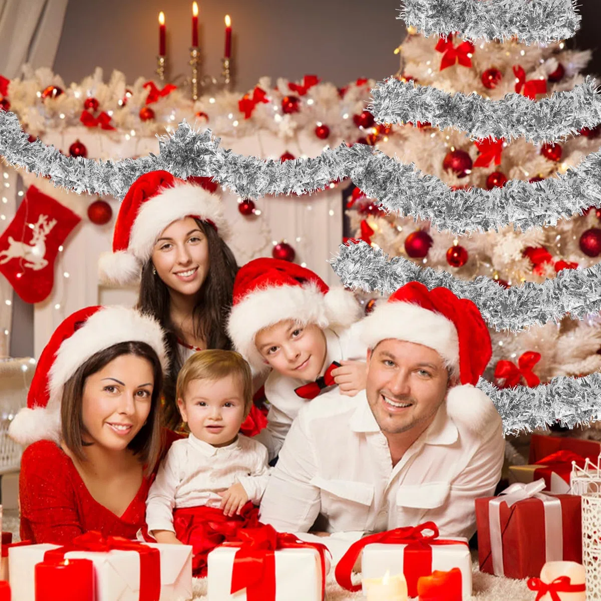 SULOLI Ghirlanda Natalizia Argente,10 Metri Ghirlanda Tinsel Artificiale per Decorazioni Albero di Natale(Argento)