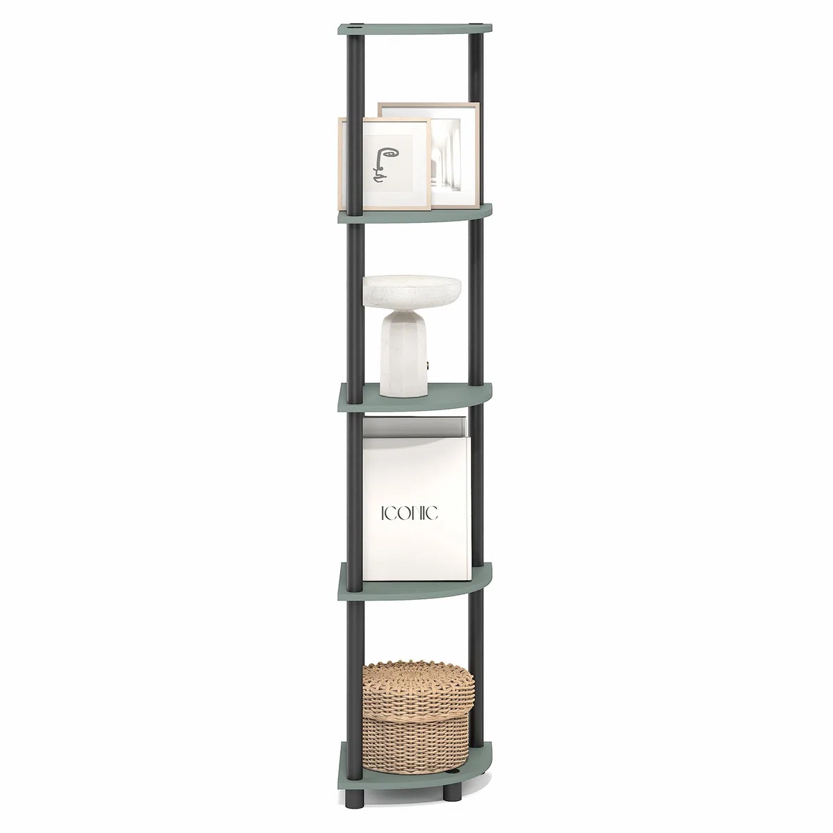 Furinno TURN-N-TUBE Mensola Angolare, Libreria Angolare A 5 Ripiani, Ripiani Aperti Portaoggetti, Per Organizzazione E Contenimento, Soggiorno, Ufficio Domestico, Garage, Camera Da Letto, Verde Salvia