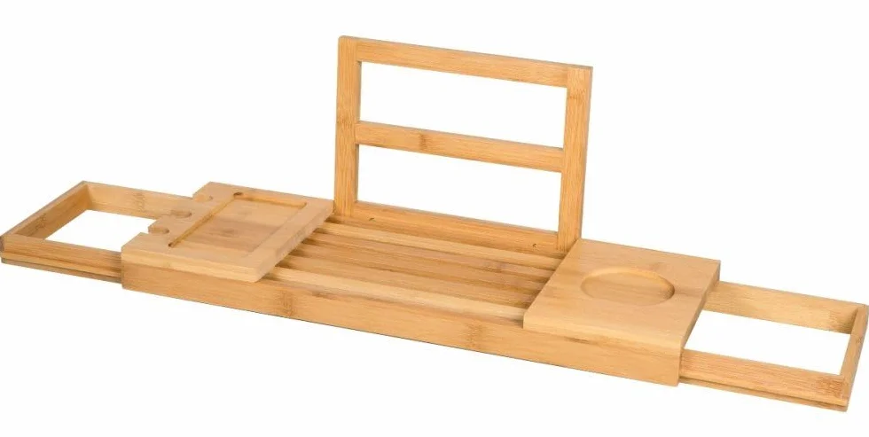 alpina Vassoio Vasca da Bagno Regolabile - Vassoio Portaoggetti 50-92 x 18 x 4 cm - Mobile Bagno Bambù con Supporto per Libri e Supporto per Tablet - Incl. Porta Bicchieri - Accessori Bagno