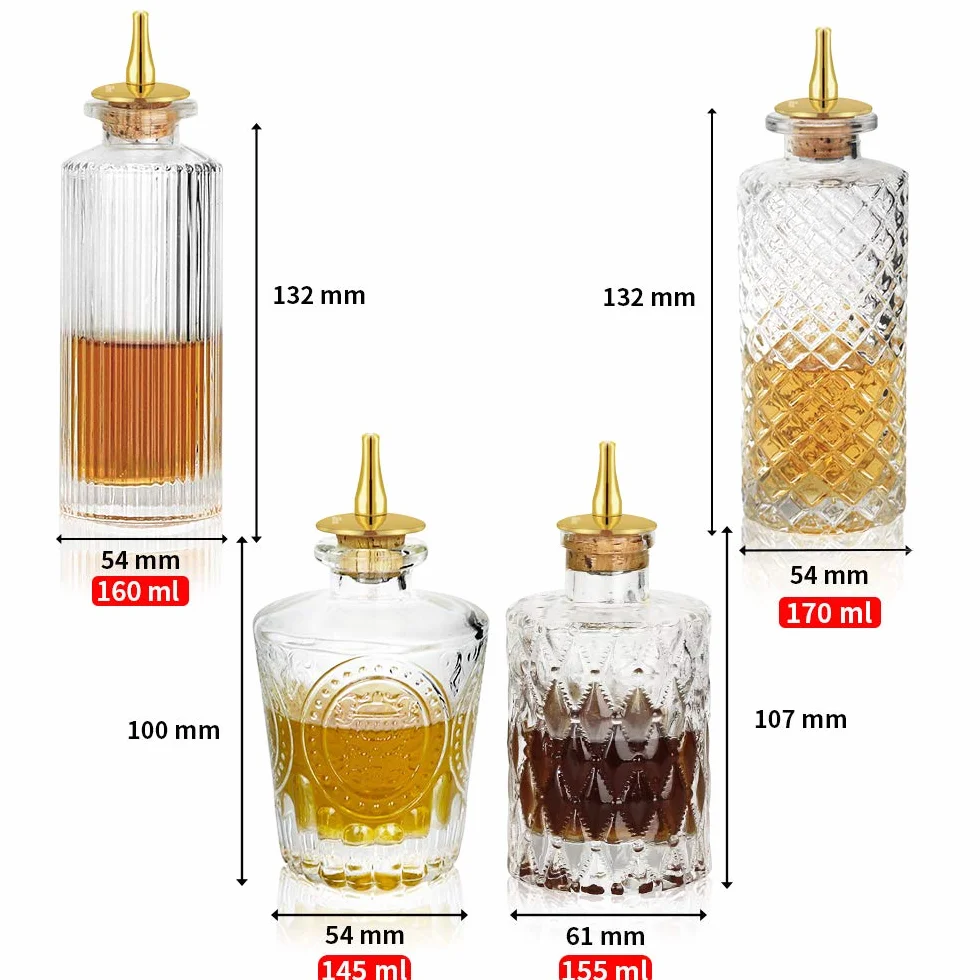 SuproBarware Bitters Bottle per cocktail Set di 5– Bottiglie in vetro con cruscotto, ideale per barista, casa bar