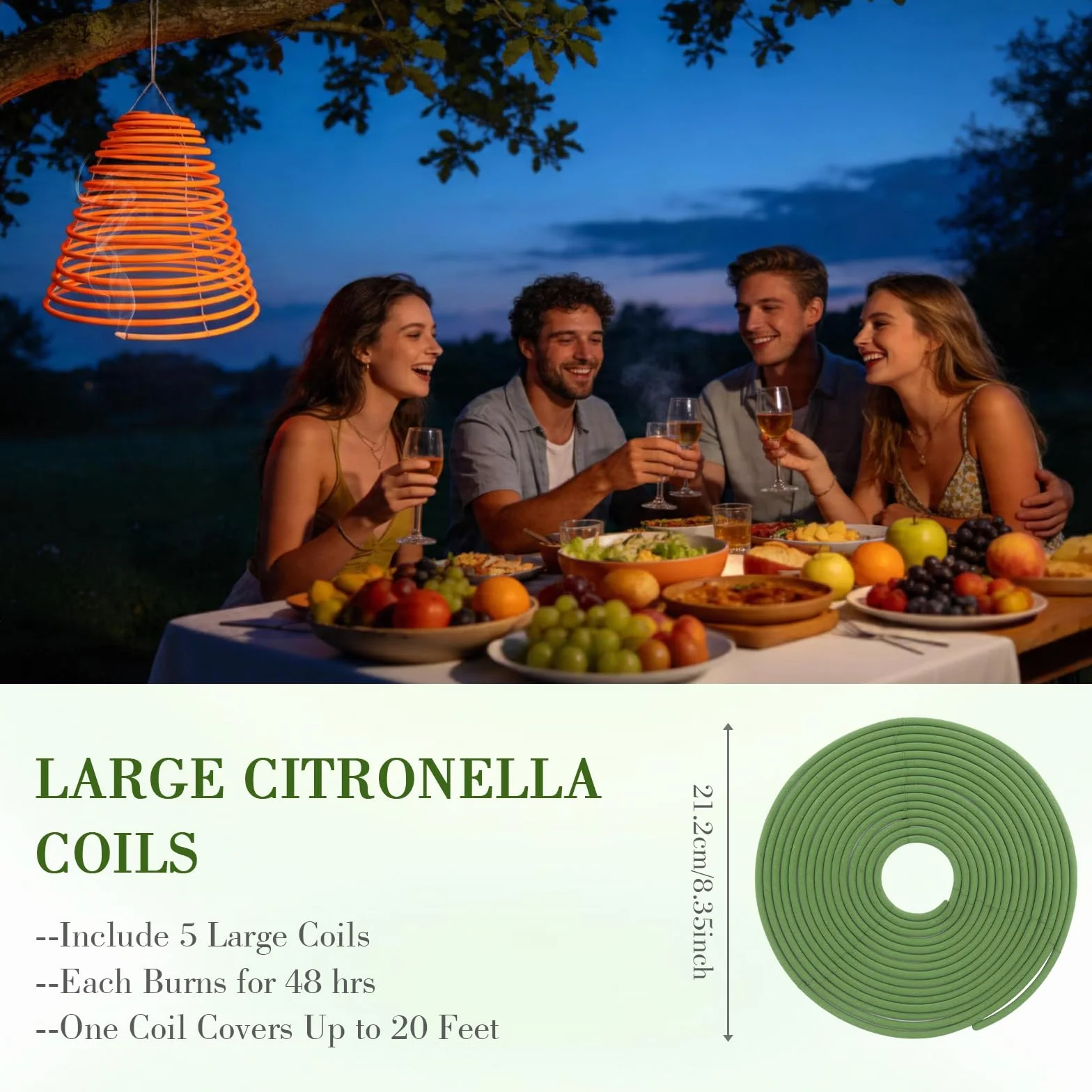 Spirali di incenso alla citronella, 5 spirali, incenso alla citronella da appendere per esterni, durata 240 ore, bastoncini di incenso a spirale grandi per patio, giardino, campeggio, orto