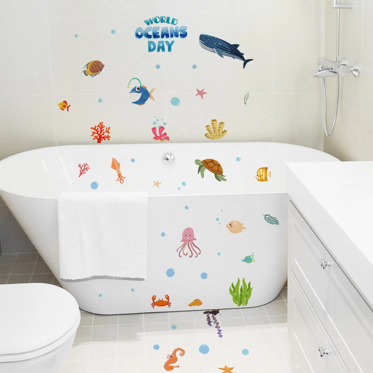 TAIZER Adesivo per vasca da bagno, autoadesivo, antiscivolo, motivo floreale, con animali marini, antiscivolo, ad alta potenza, per superfici della doccia (blu)