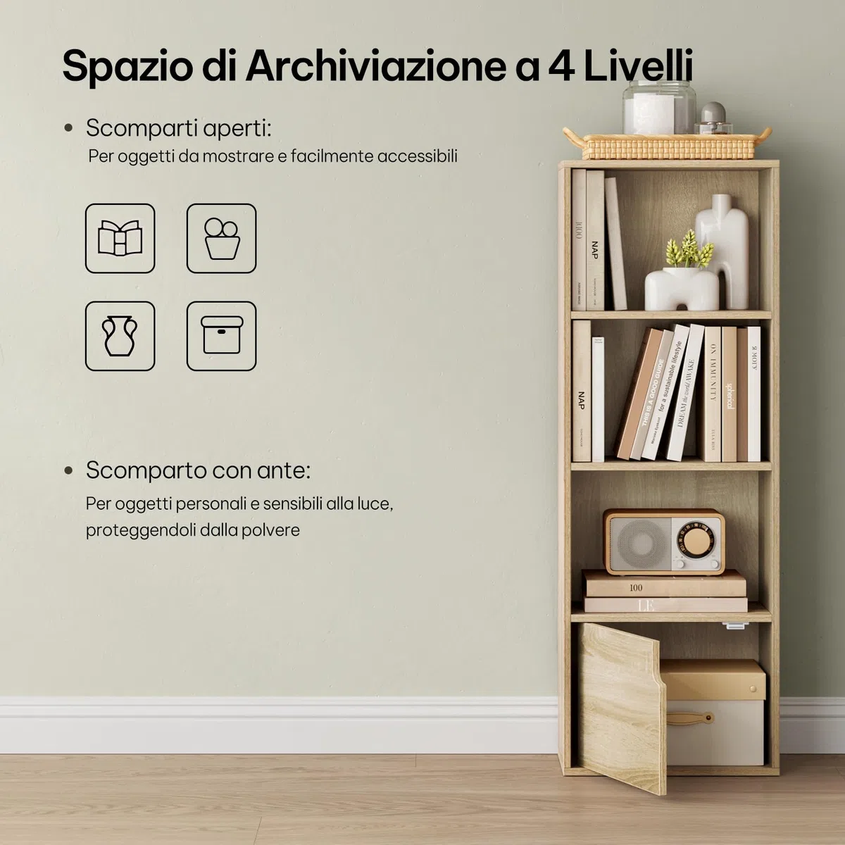 eSituro Libreria Verticale con 3 Scomparti a Giorno e 1 Armadietto, Scaffale Salvaspazio per Studio, Ufficio, in Truciolare e MDF, Legno Chiaro, 34x24x106 cm