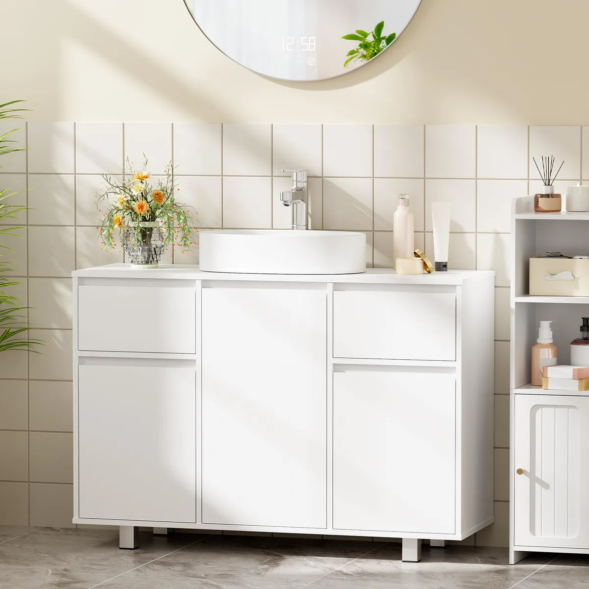 BEWISHOME Mobile Sottolavabo per Bagno, Mobiletto da Bagno, Doppio Cassetto, Tre Ante, Ampia Capacità di Contenimento, Mobile Bagno con Gambe, 90 x 30 x 62,5 cm, Bianco, EYSG01W
