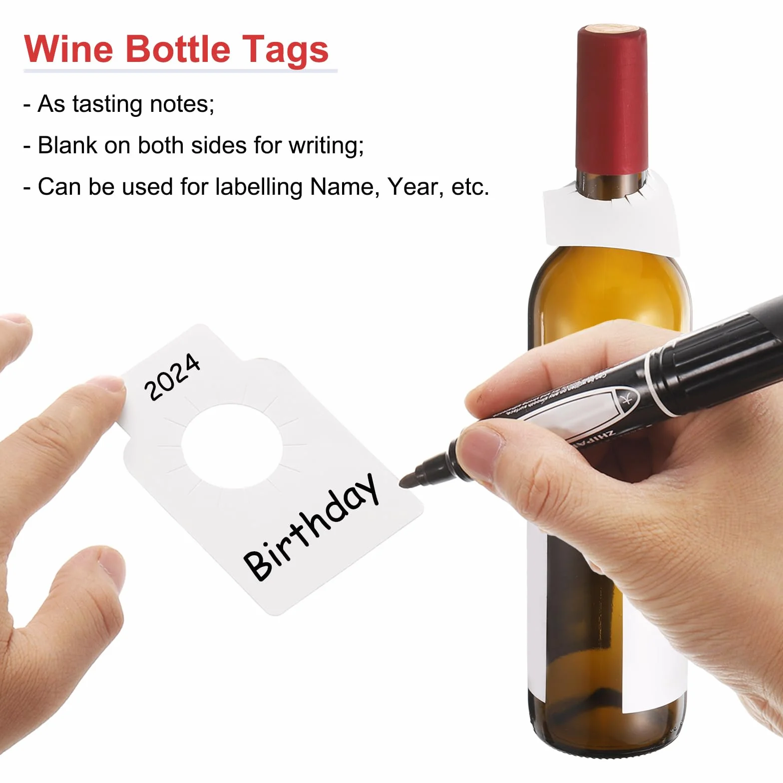 QUARKZMAN 100Pz Etichette Bottiglia Vino, Etichette Appese al Collo Bottiglia per Conservazione Cantina, Etichette Appese per Nome, Anno, Note di Degustazione (2.2x3.5, Rosso)