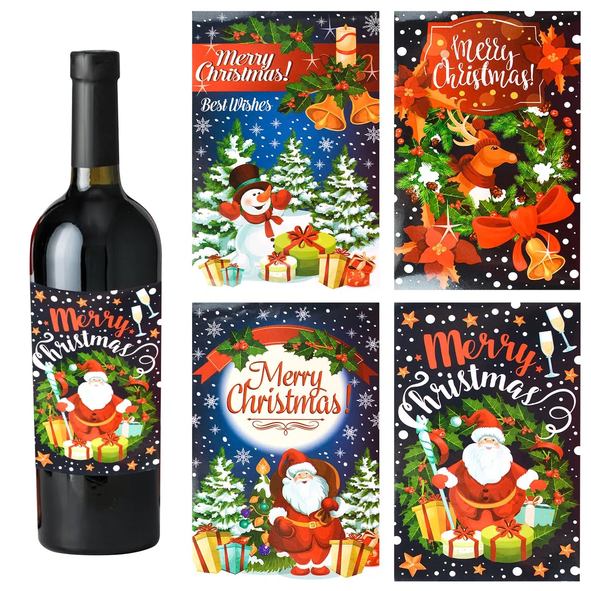 48 Etichette Natalizie per Bottiglie di Vino, 4 Disegni, Adesivi per Bottiglie di Vino di Natale, Involucri per Bevande per bomboniere di Natale Forniture Decorative
