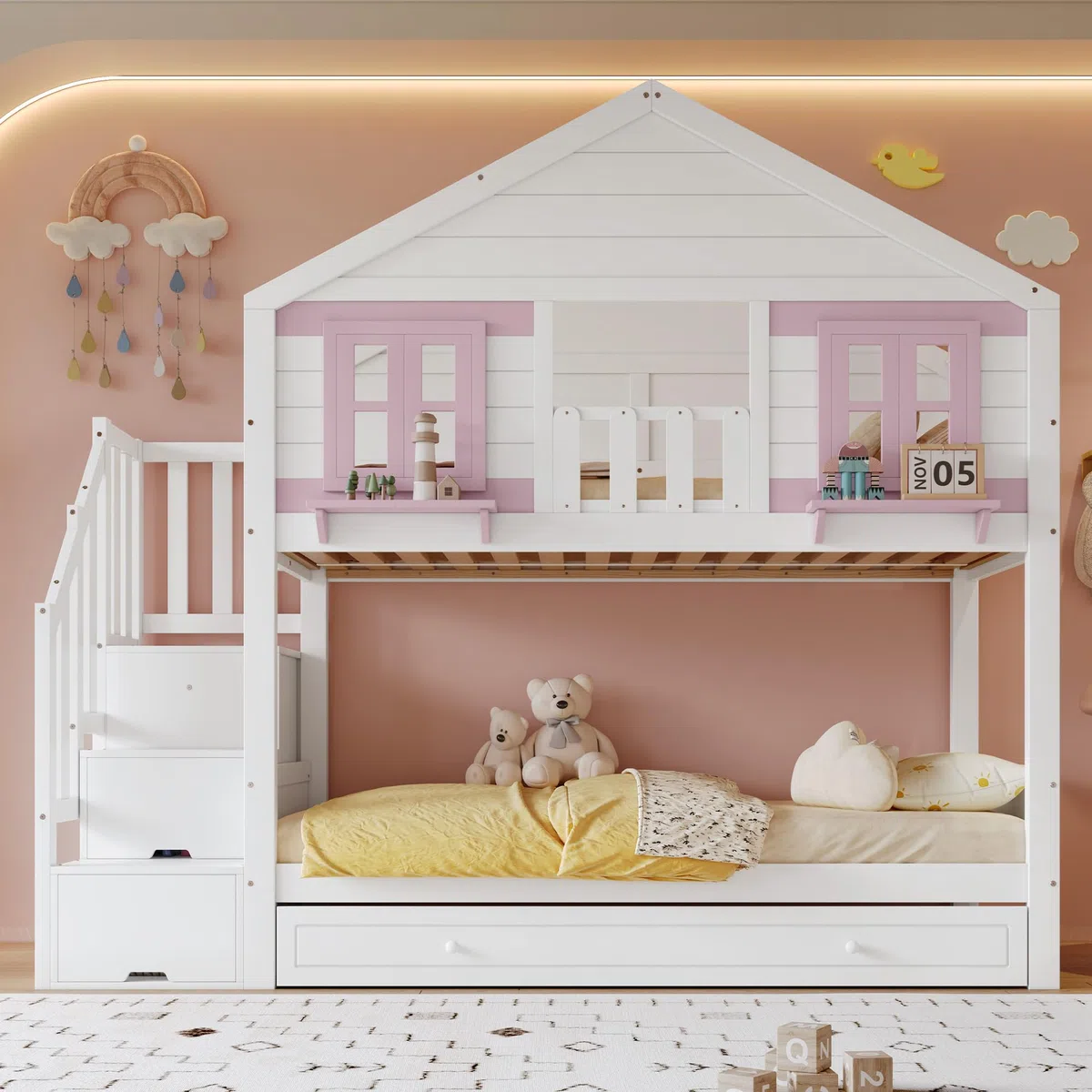 Letto a castello 90 x 200 cm, letto in legno con finestra e tetto, letto per ragazzi con letto pieghevole (senza materasso) bianco+rosa