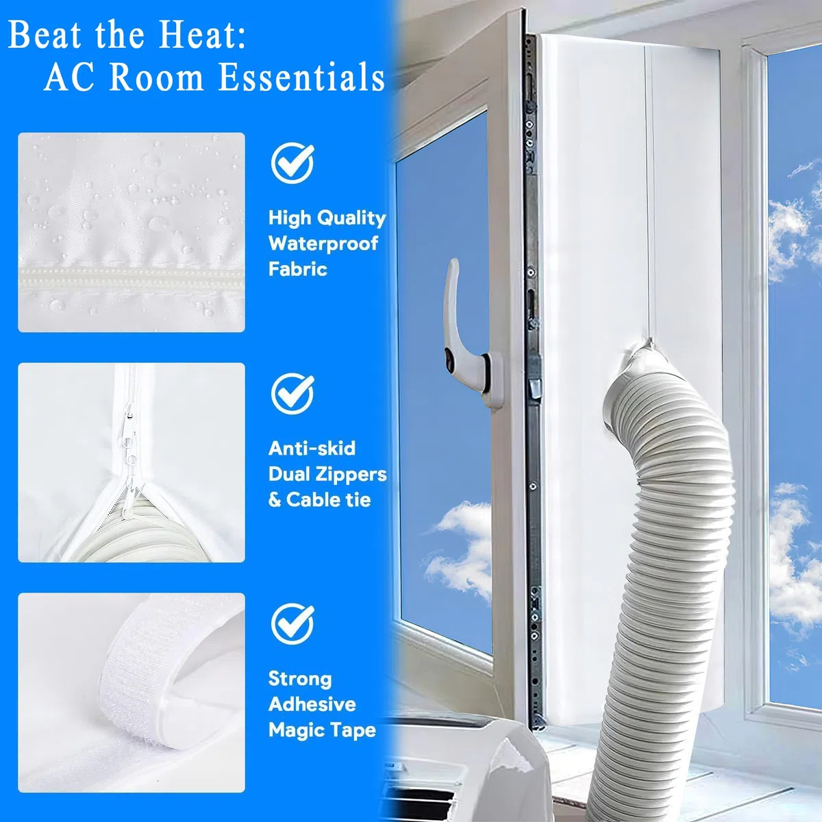 Climatizzatore per finestra con doppia chiusura lampo, 400 cm (157"), tubo di scarico, climatizzatore, finestra, impermeabile, Hot Air Stop per climatizzatori mobili, asciugatrice, asciugatura