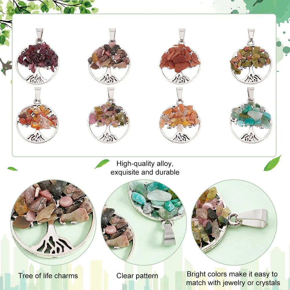 PH PandaHall 32pz Ciondolo Albero della Vita con Pietre, 8 Stile Charm Pendente Albero della Vita Ciondolo Rotondo Argento Ciondoli Pietre per Collane Bomboniere Portachiavi Fai da te