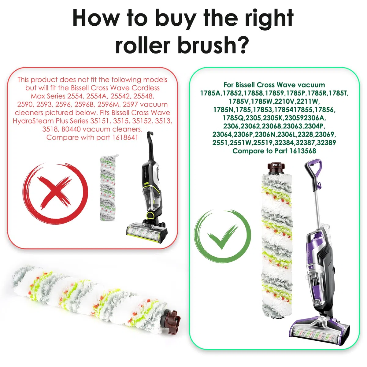 2 pezzi Rulli spazzola multi-superficie Pet Pro compatibili con l'aspirapolvere Bissell CrossWave serie 1785 e CrossWave Pet Pro 2306A, spazzola a rullo di ricambio, rispetto a 1613568