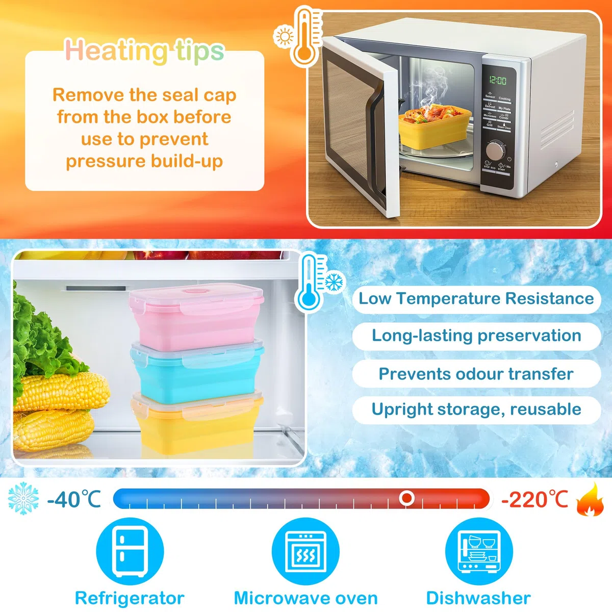 3 Pezzi Contenitori Pieghevoli per Alimenti 550ML, Portable Pranzo del Silicone, Set Contenitori Silicone per Alimenti Picnic Campeggio Scuola Ufficio