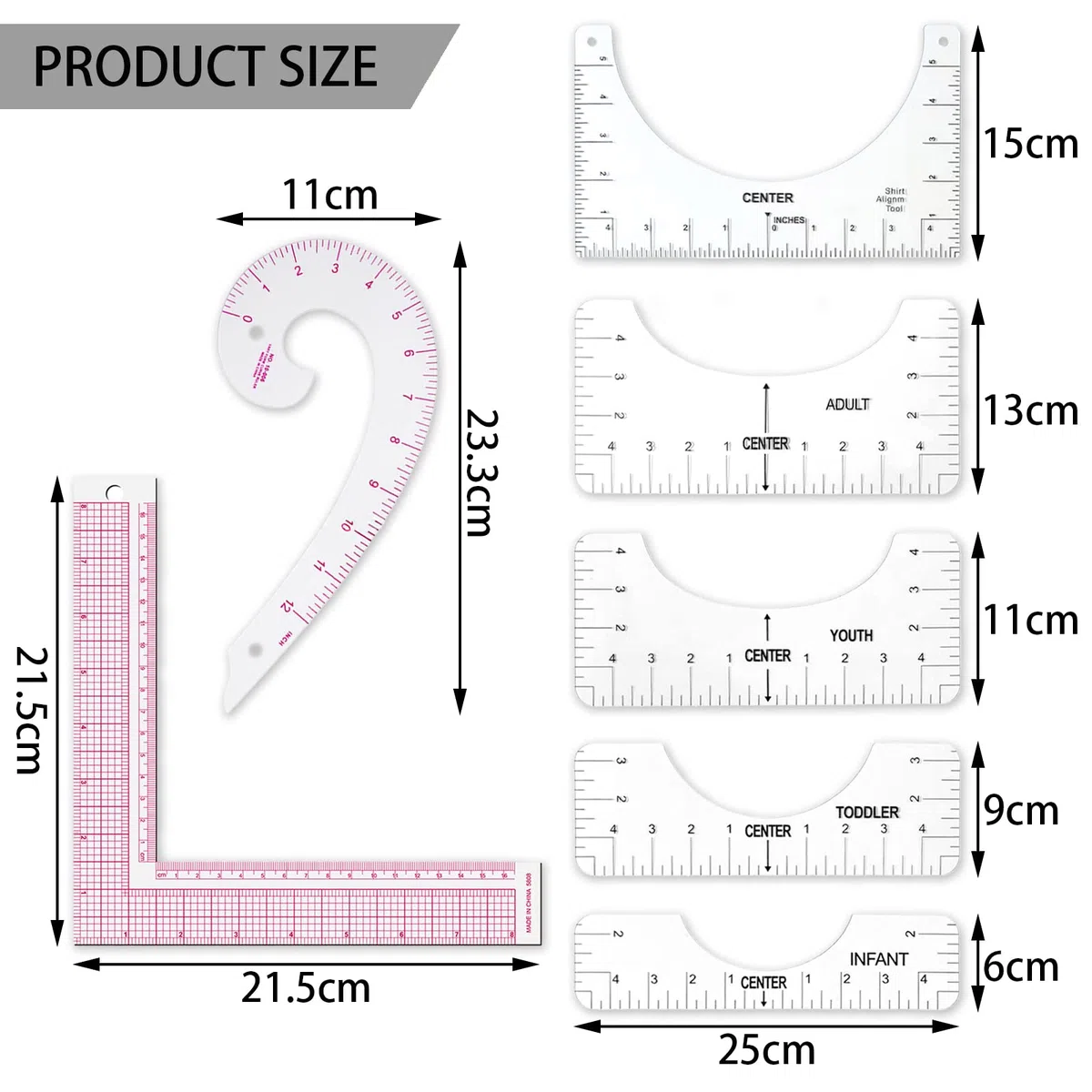 DKDDSSS 7 Pezzi Set da Cucito: Righello per T-Shirt, Quadrato a L, Curva, Metrico - Modello Design per Abbigliamento
