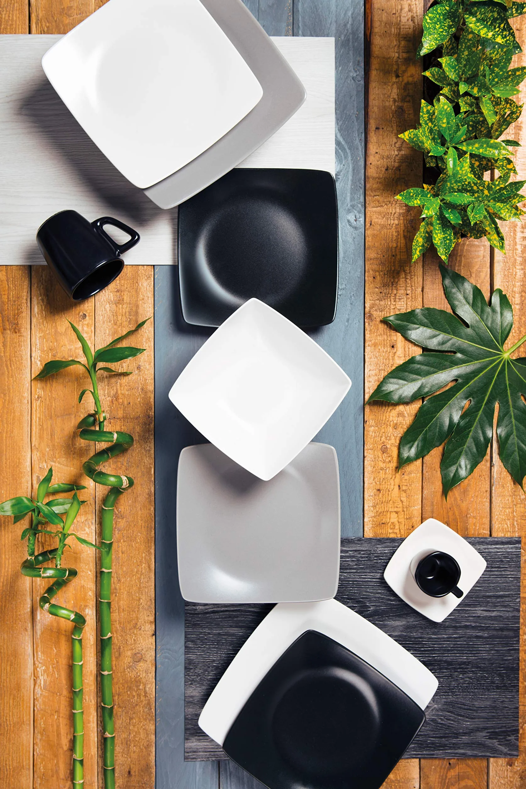 Excelsa Eclipse Servizio Piatti Quadrati 18 Pezzi, Ceramica, Bianco, Nero e Grigio