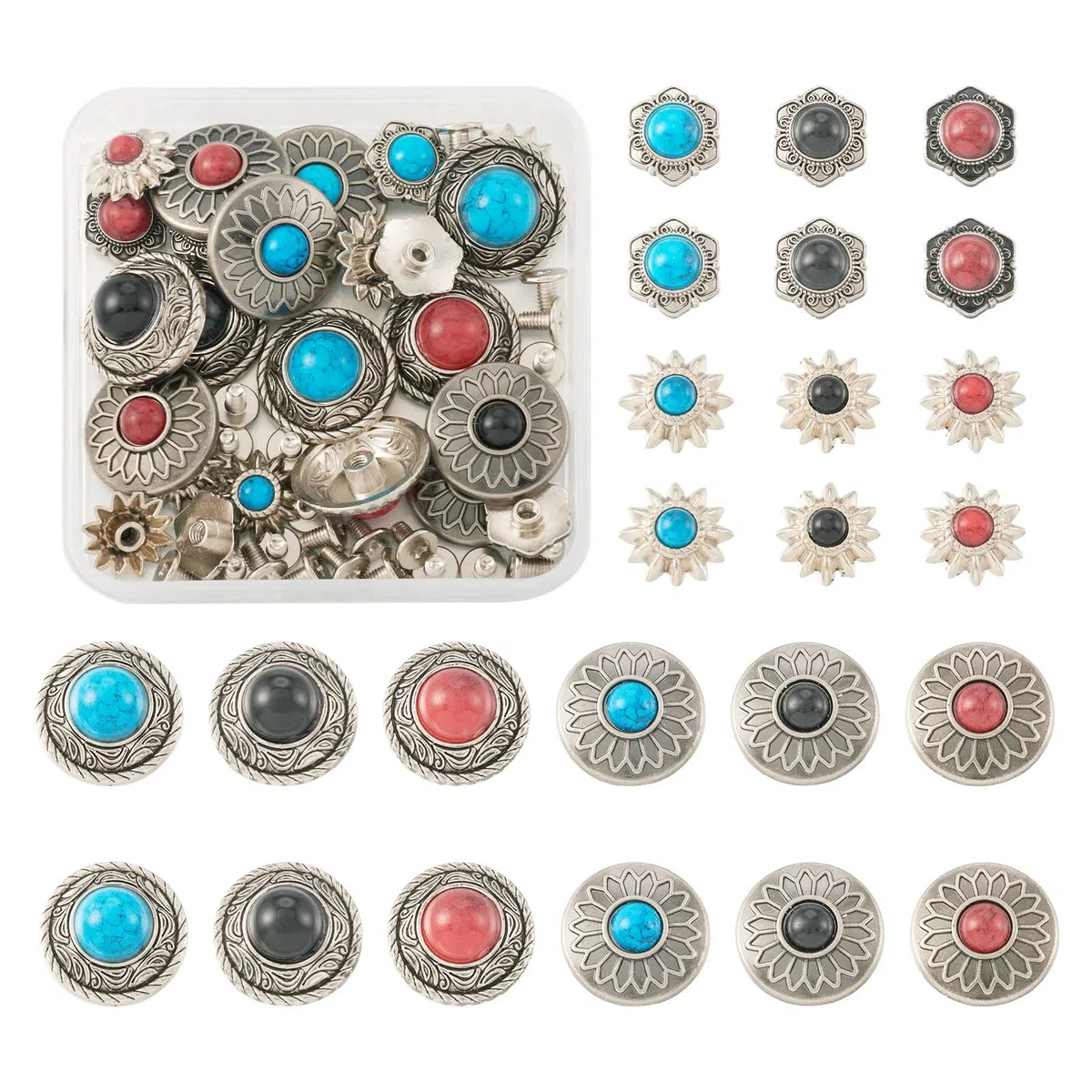 PandaHall, 24 set di rivetti con retro a vite - Borchie piatte e rotonde in pelle con fiori, per borsa, borsetta, scarpe, artigianato, vestiti, cintura