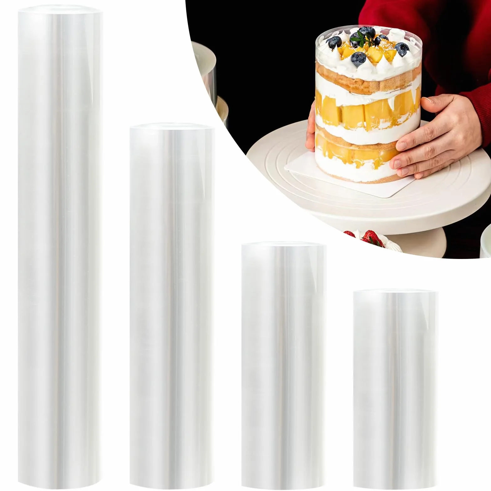 Acetato per Pasticceria 4 Altezze Fogli Acetato per Dolci 8/10/15/20cm x 10M Torta Collare Riutilizzabile per Decorare Torte Mousse Design Rinforzato