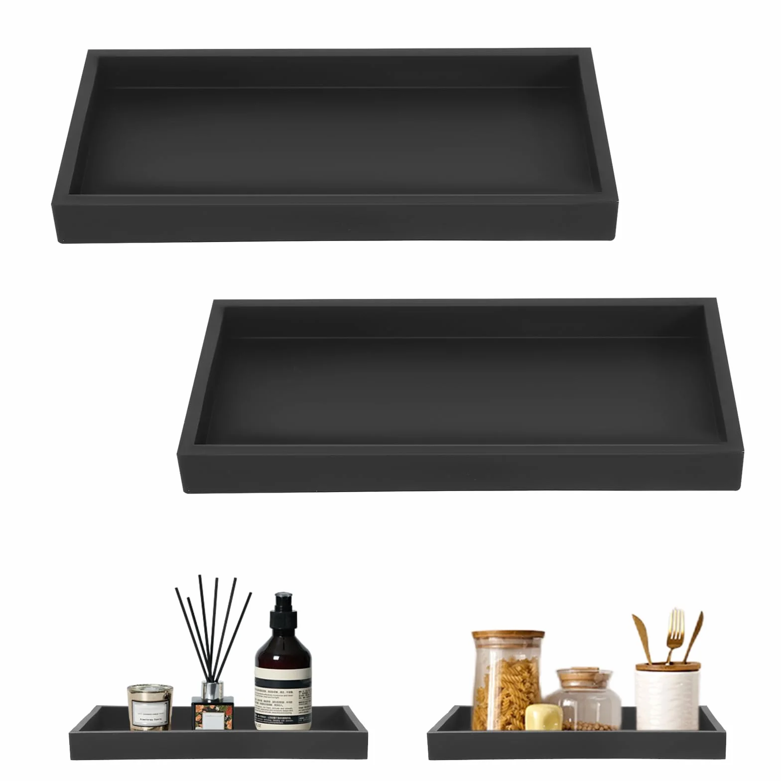 2 Pezzi Vassoio Decorativo Portaoggetti Nero per Vanità, Vasca da Bagno, Lavello Della Cucina E Bagno