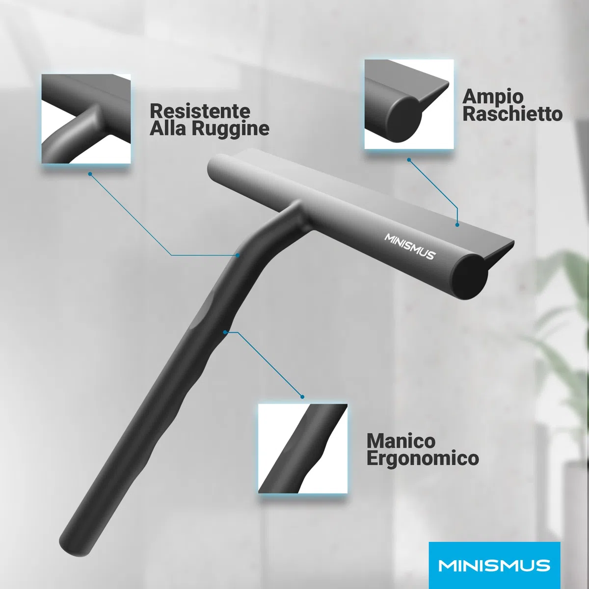 Minismus Tergivetro per Doccia - Pulisci Vetri Porte e Finestre - Tergivetro Doccia Silicone - Pulisci Doccia Vetro, Bagno e Specchi - Senza Foratura, Supporto Incluso (Nero, 21 cm)