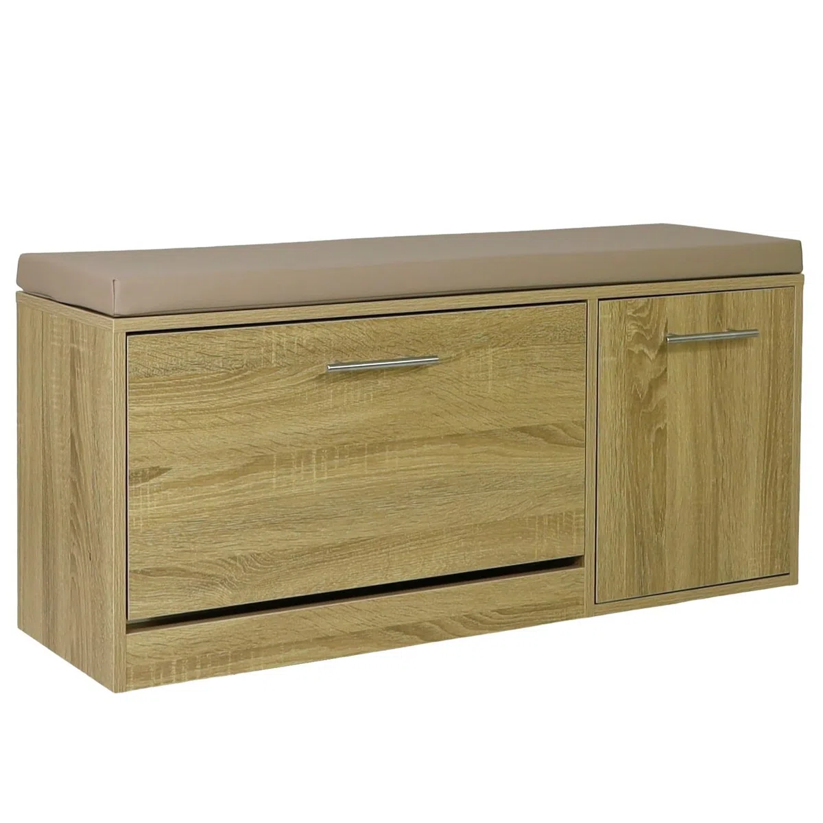 Marvin Scarpiera Panca da Ingresso con Anta – Portascarpe Salvaspazio in Legno con Cuscino Seduta e Anta a Ribalta per Cabina Armadio Corridoio o Camera Design 100x30x46 cm (Rovere/Cuscino Tortora)