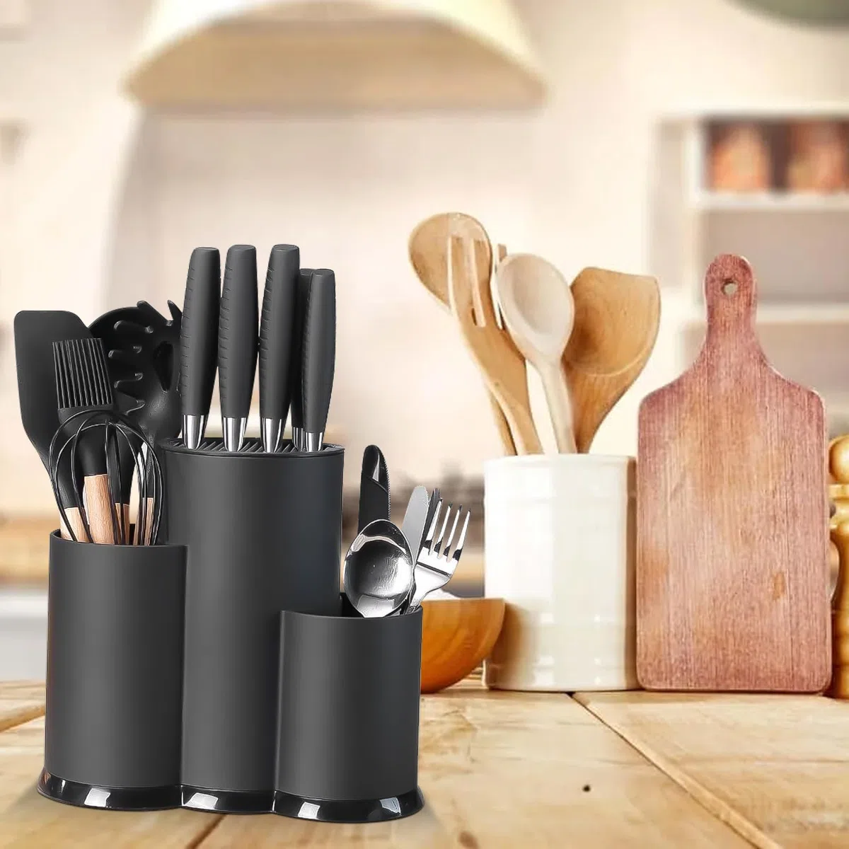 3 in 1 Ceppo Coltelli da Cucina, Universale Porta Coltelli Cucina, Ceppo Coltelli Vuoto, Porta Utensili da Cucina, Portacoltelli da Cucina con Foro Scarico e Slot Porta