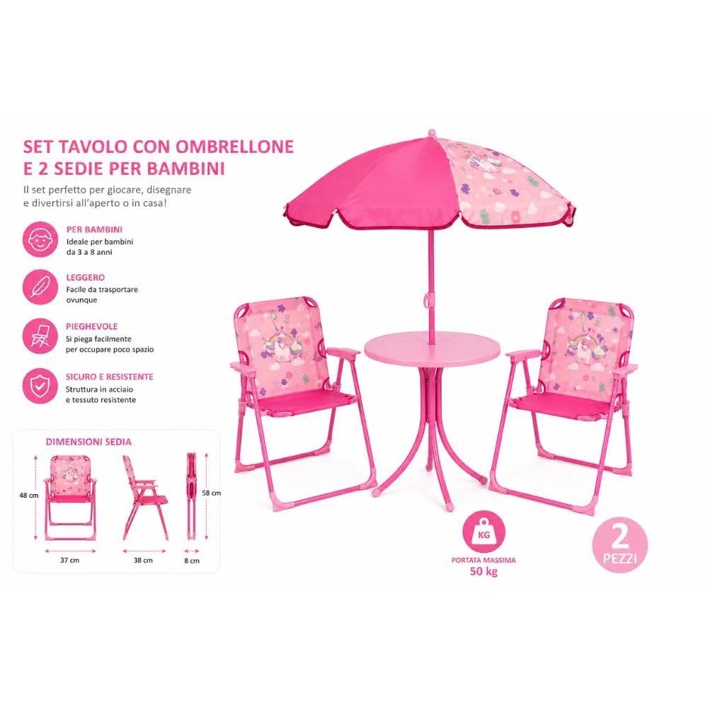 Set Bimbi 2 Sedie + Tavolo con Ombrellone – Pieghevole, Altezza Regolabile, Leggero e Portatile – Ideale per Giardino, Spiaggia e Casa (Rosa)