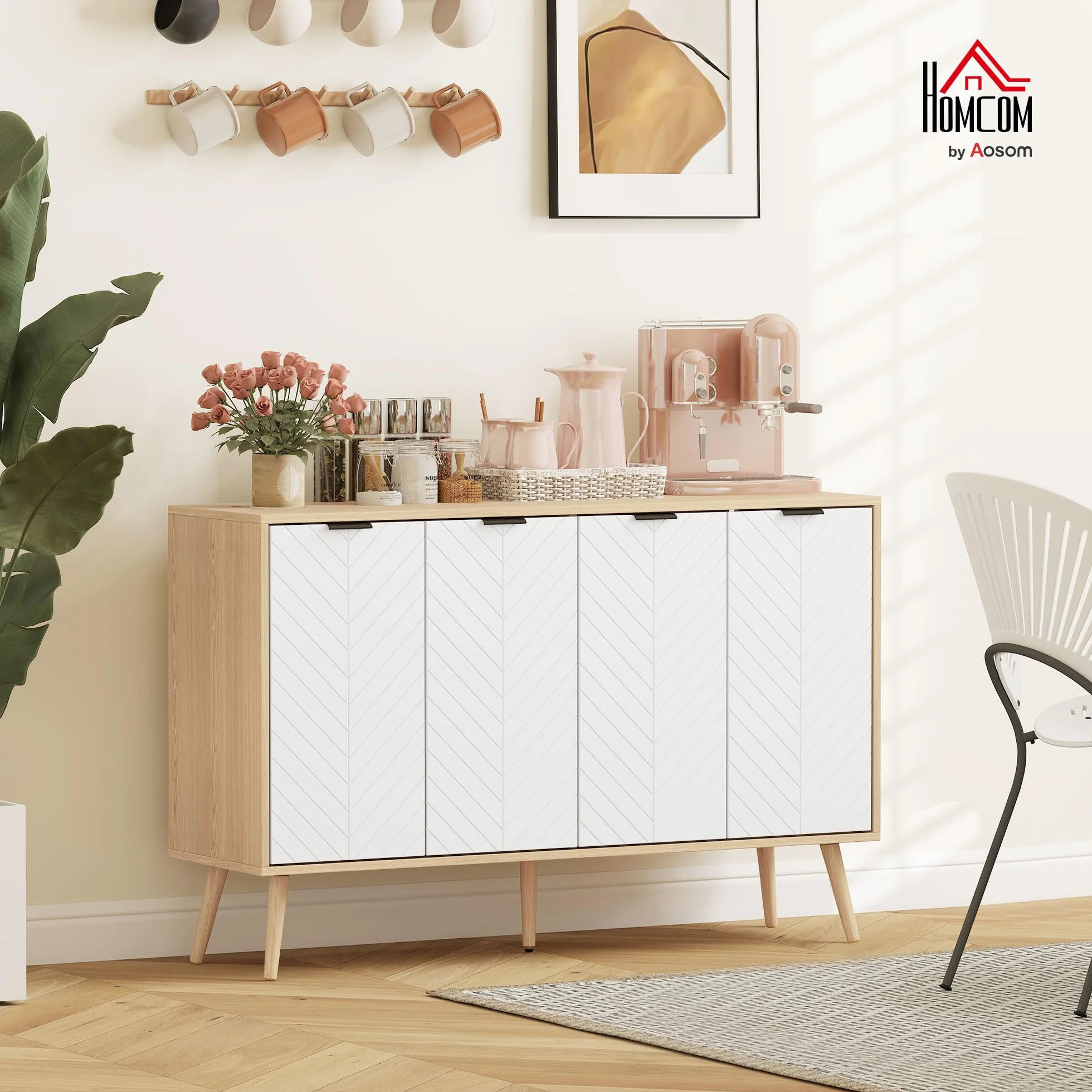 HOMCOM Credenza Cucina, Mobile Cucina con Ripiani Regolabili e Gambe in Legno di Pino, Credenza Buffet Moderno per Soggiorno, Salotto, Sala da Pranzo, 120x35x77.4cm, Naturale e Bianco