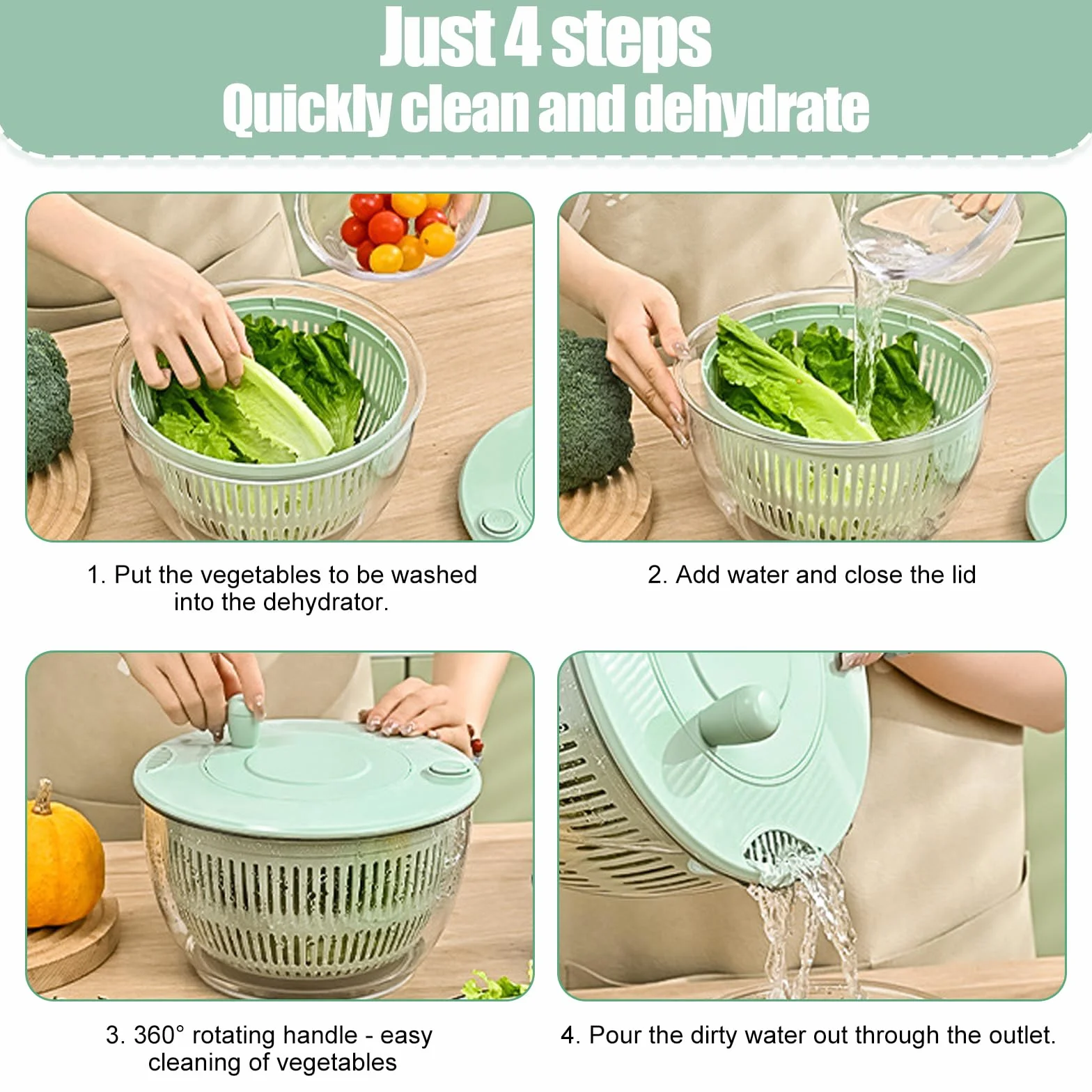 Centrifuga per insalata da 4 l con coperchio, con 6 lame e tagliere, ciotola multifunzione in PET con finestra di visualizzazione, ideale per lavare, asciugare e tagliare frutta e verdura