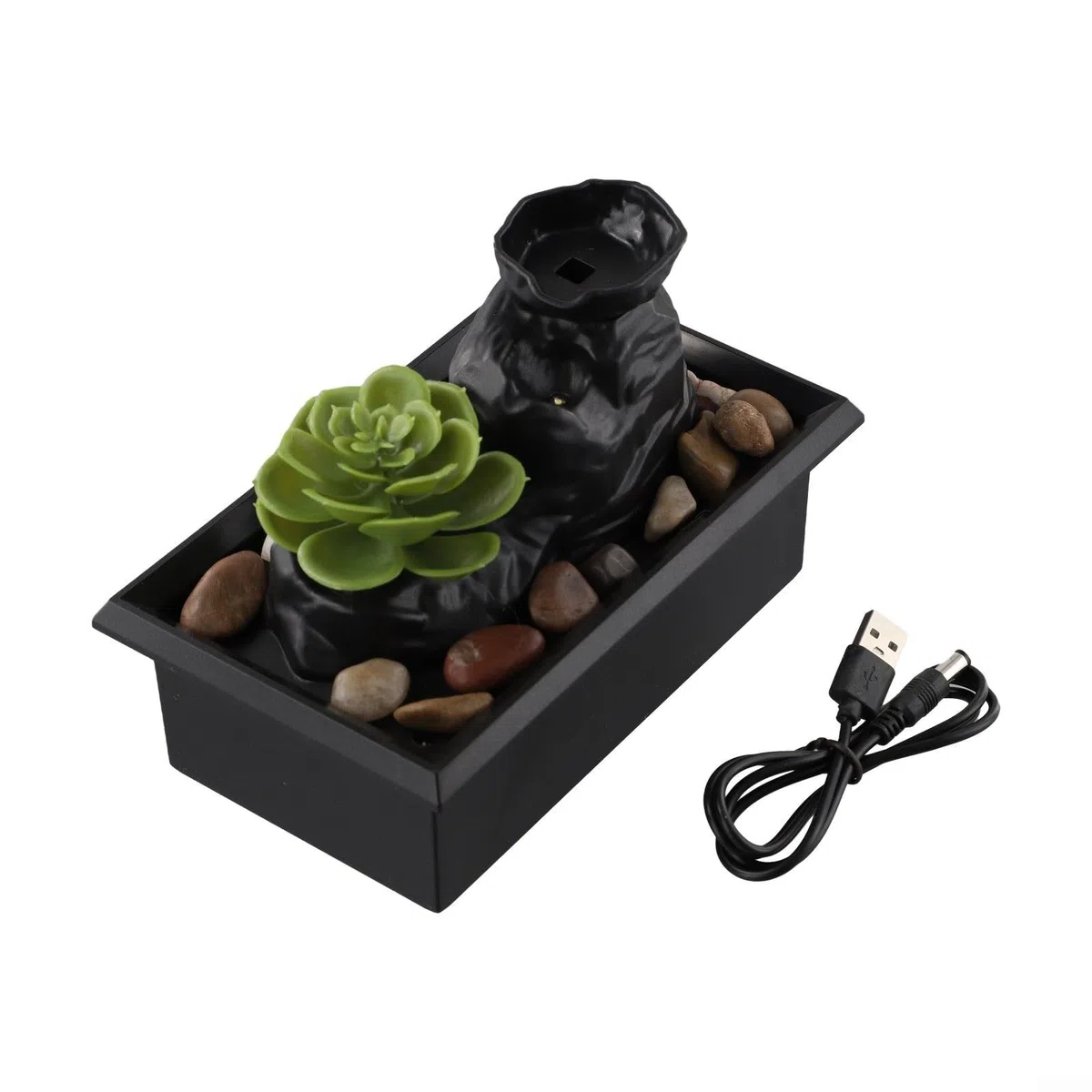 Fontana d'acqua da tavolo per interni con design creativo di acqua fluente, decorazione di ciottoli e luce LED calmante, alimentazione a batteria o USB (C)