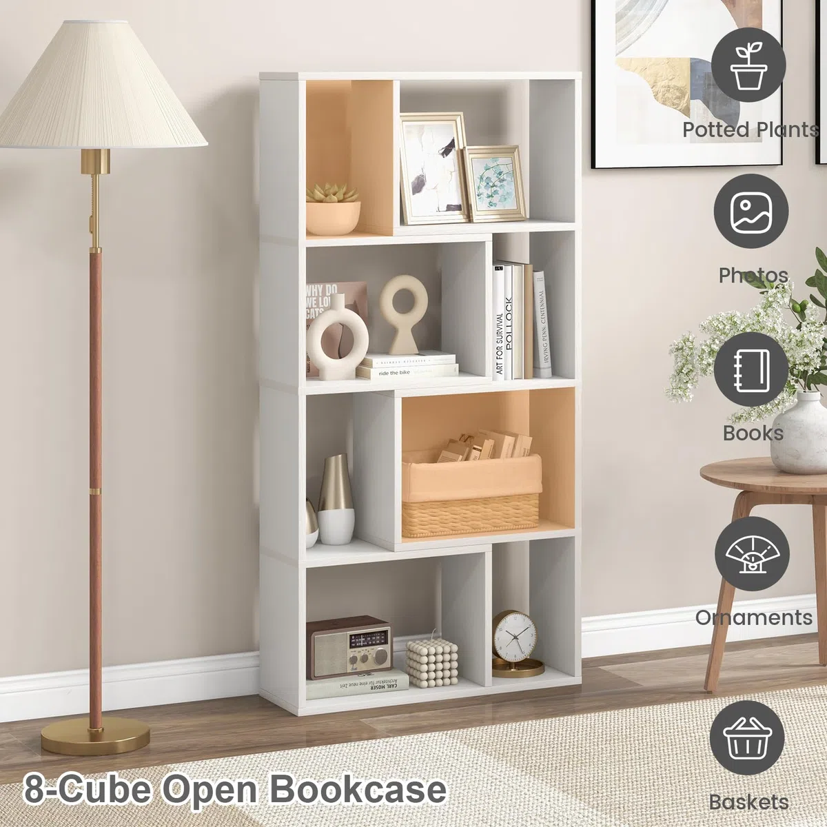 HOMASIS Libreria da Parete a 4 Ripiani, Libreria Scaffale con Piedini Antiscivolo e Dispositivo Antiribaltamento, Stile Scandinavo, Mobile Portaoggetti per Soggiorno, 60 x 20 x 120 cm (Bianco)