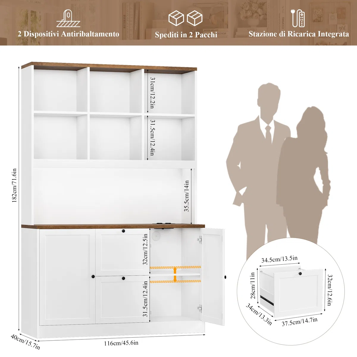 FirFurd Libreria Verticale con Presa di Corrente, Schedario da Ufficio a Ripiani Regolabili, Libreria da Parete a Ampio Piano di Lavoro, Cassettiera per Cartelle Sospese,116x40x182 cm (Bianco)