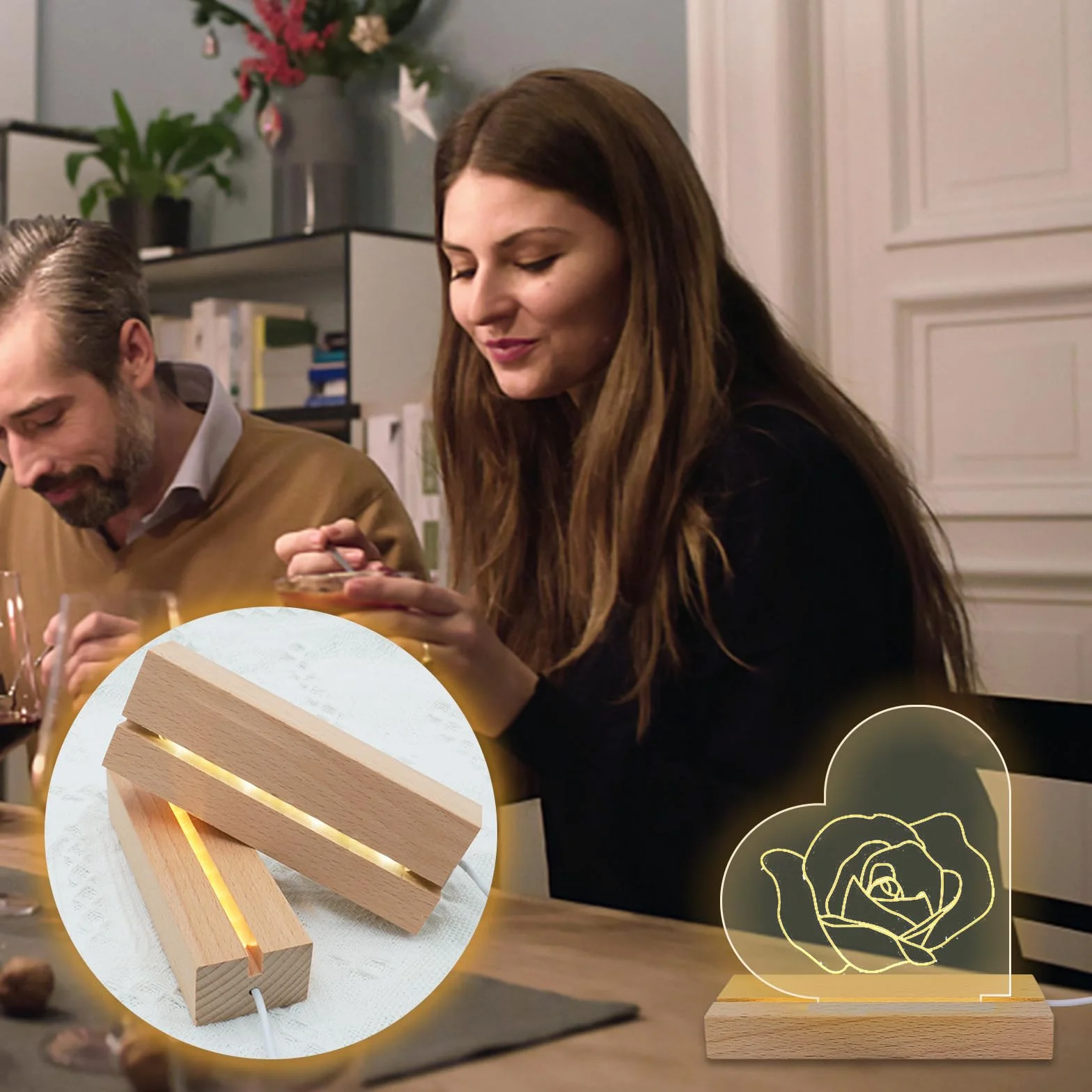 Base per Display con Luci LED in Legno - 3 Pezzi, Rettangolare, Illuminazione USB