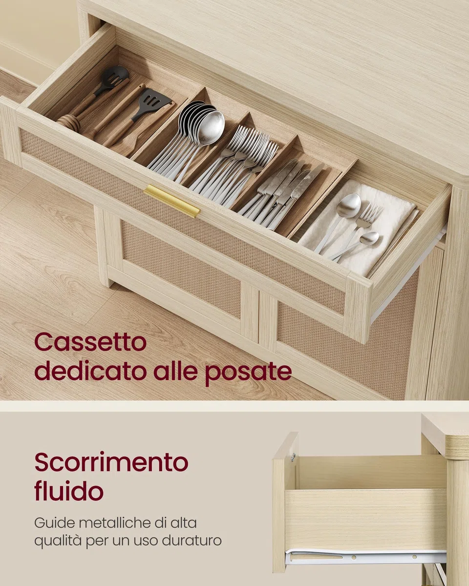 VASAGLE ELLAN Collezione - Credenza in Stile Boho con Ante Effetto Rattan, Mobile da Cucina, Angoli Arrotondati, Ripiano Regolabile, Cassetto, Sala da Pranzo, Beige Naturale BBK601LC01