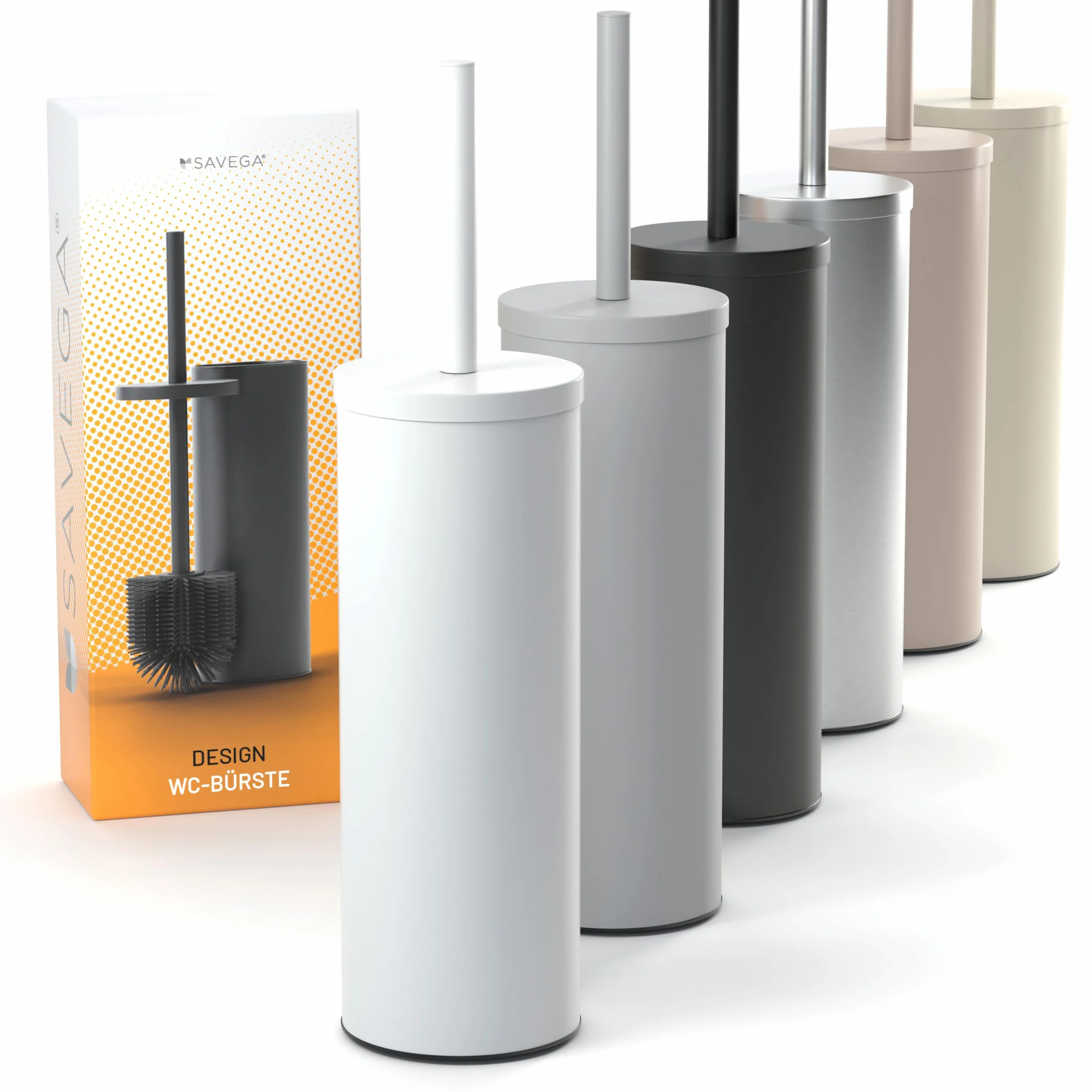SAVEGA - Scopino WC in acciaio inox e silicone – Scopino WC con supporto discreto – Spazzola WC di alta qualità con paraspruzzi – Porta spazzola antibatterica – Spazzola WC (bianco)