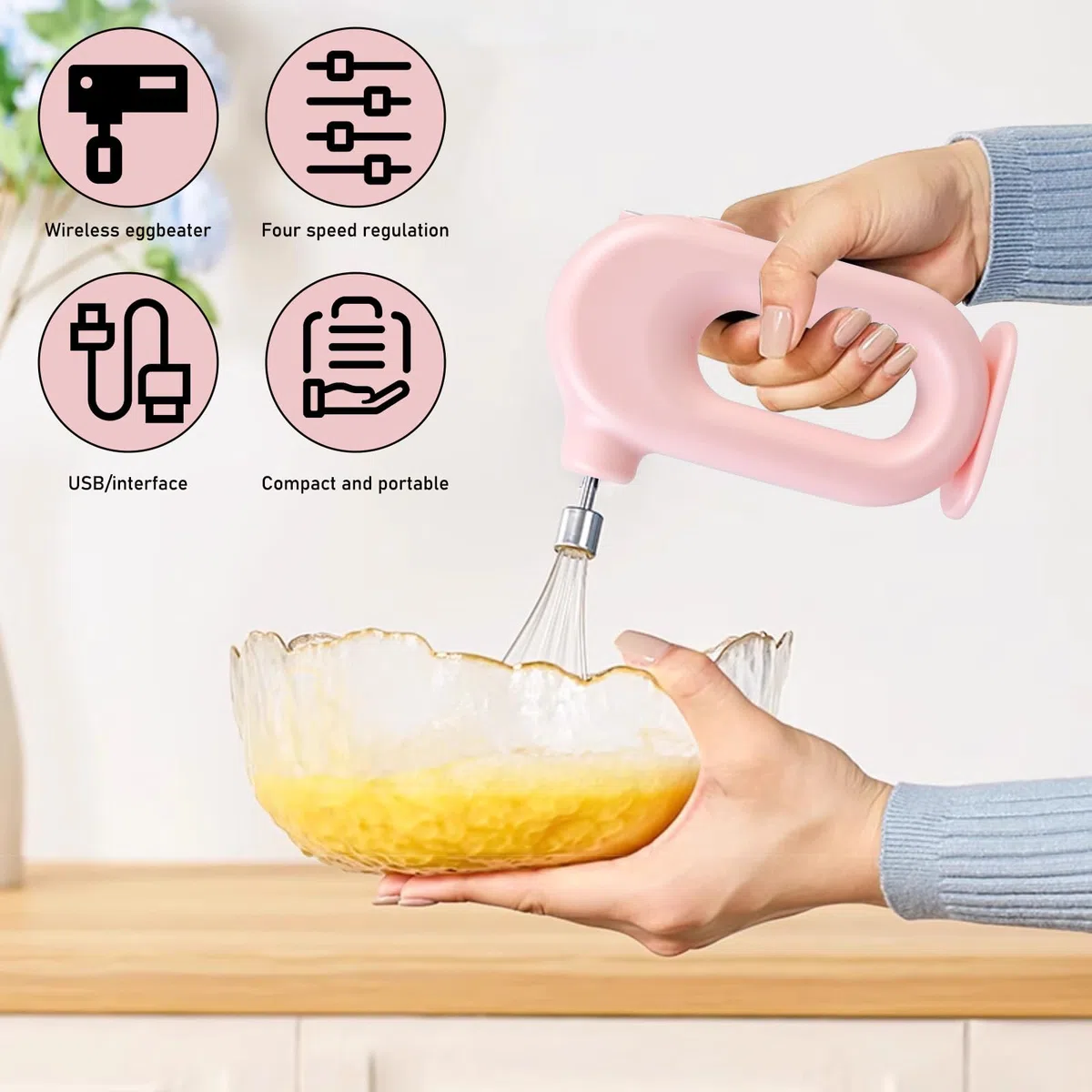 Sbattitore elettrico manuale wireless: mini sbattitore manuale con 4 livelli e 2 fruste, sbattitore elettrico ricaricabile tramite USB, frusta per uova per cottura al forno, crema, torte, budini e