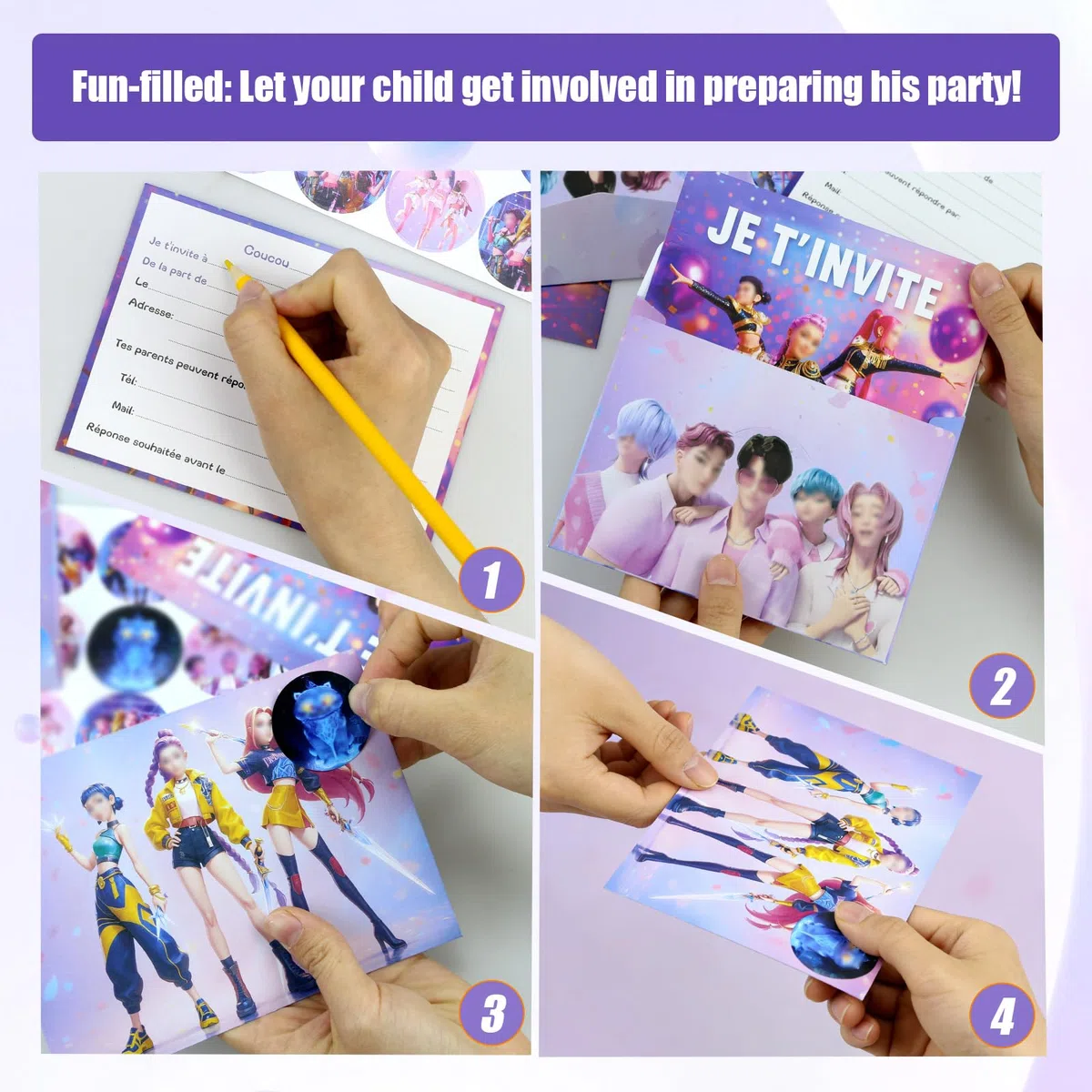 Kit di 12 biglietti d'invito per compleanno K-pop con 12 buste e 12 adesivi, biglietto di invito compleanno per bambini, ragazze, ragazzi, adulti, tema neon Kpop