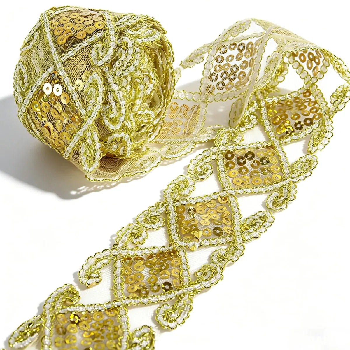 10 Yards Pizzo dorato, Nastro in Tessuto con Paillettes Glitterate, per Artigianato Abbigliamento Matrimonio Fai da Te Bouquet da Sposa Abbellimenti (9 m x 6 cm, Oro)