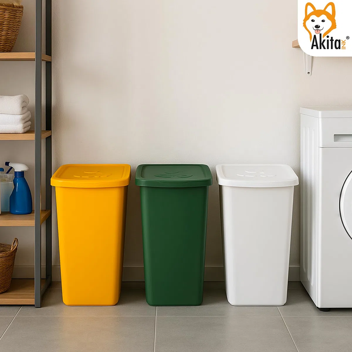 AKITAINK Set 3 contenitori Pattumiere da 50L - Totale 150 litri, per raccolta differenziata - Bidoni multicolore in plastica resistente, ideali per cucina, giardino e ambienti esterni - Made in Italy.