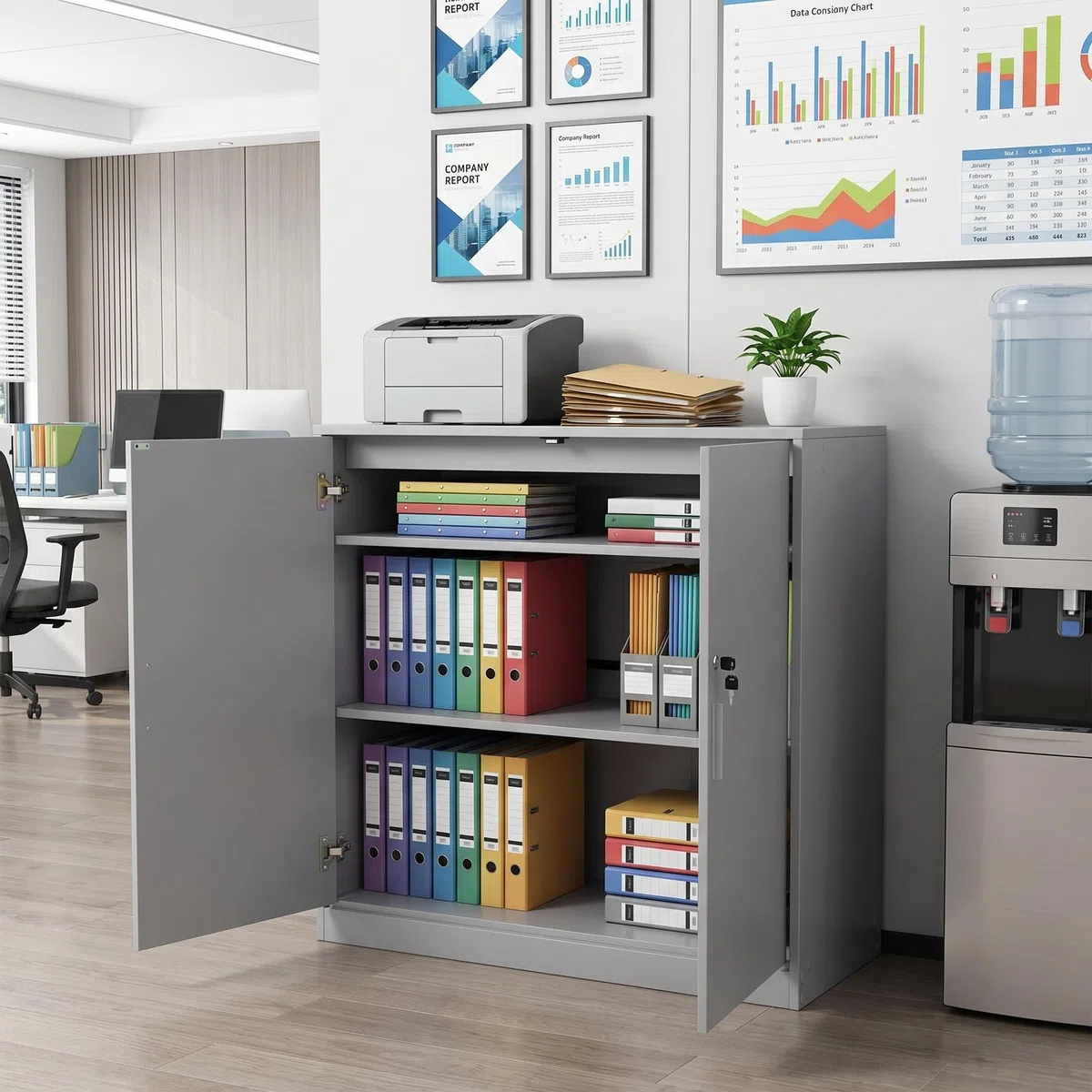 Armadio Ufficio, Schedario da Ufficio Multiuso con Serratura Chiave, Ripiani Regolabile e Due Ante, Armadietto Salvaspazio Mobiletto per Cucina Soggiorno Officina Credenza Stampante,Grigio