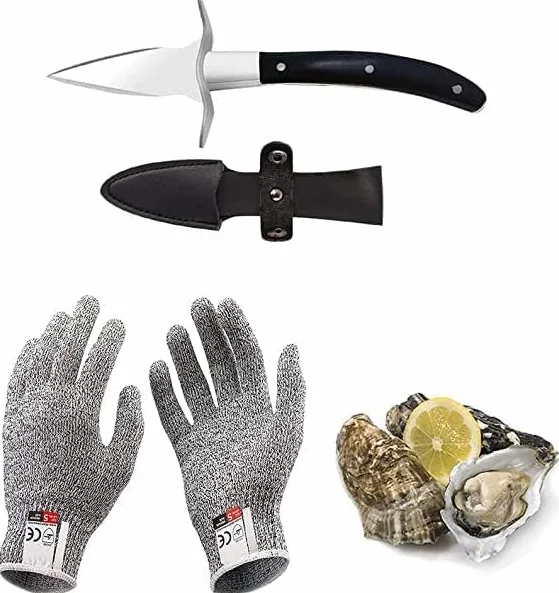 Cofanetto coltello per ostriche e guanto antitaglio, cavatappi per ostriche in acciaio inox con guanti, classe di protezione 5 (L), per conchiglie o formaggi a pasta dura