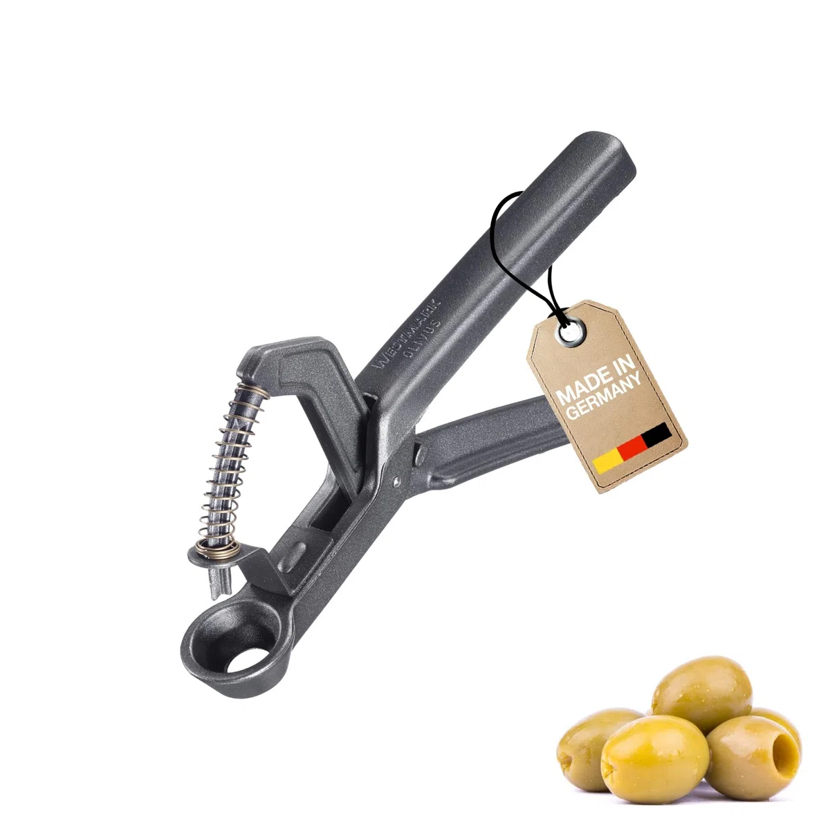 Westmark Snocciolatore per Olive Olivus Black Edition, Snocciolatore per Olive Grandi e Piccole, Pratico dispositivo da usare con una mano sola con molla, Antracite