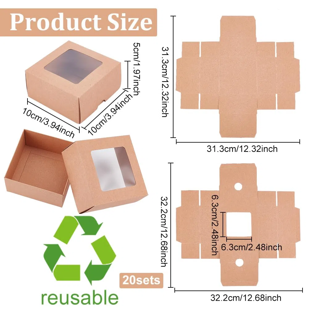 BENECREAT 12 scatola di Carta Kraft Marrone con Finestra Trasparente, Confezione Regalo Quadrata In Carta Kraft Da 10x10x5 cm, Adatto per Regali di Nozze, Imballaggio Gioielli